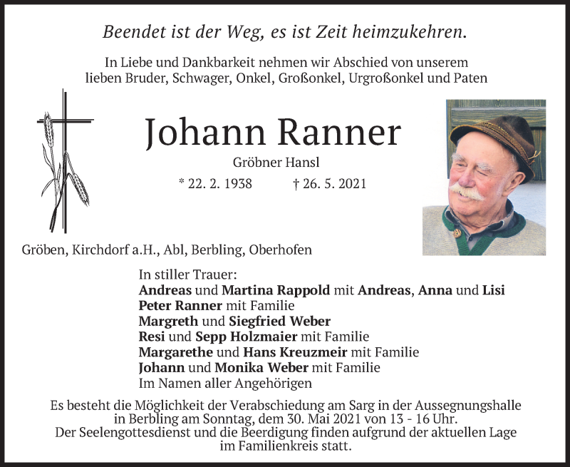  Traueranzeige für Johann Ranner vom 29.05.2021 aus merkurtz