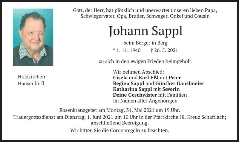  Traueranzeige für Johann Sappl vom 29.05.2021 aus merkurtz