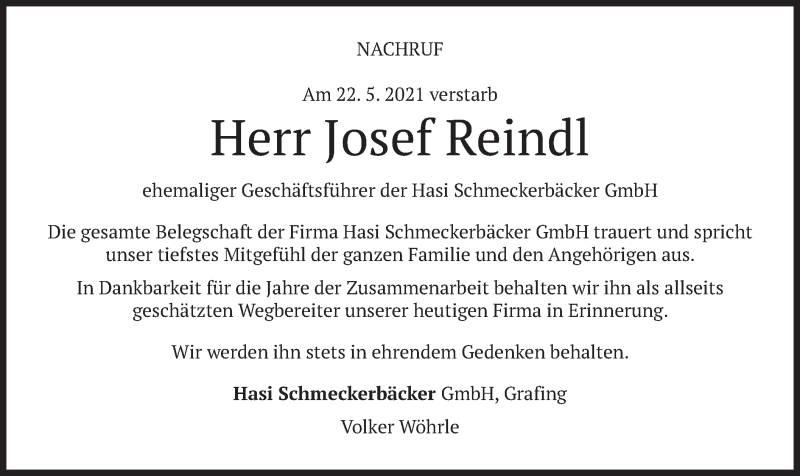  Traueranzeige für Josef Reindl vom 27.05.2021 aus merkurtz