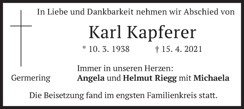  Traueranzeige für Karl Kapferer vom 15.05.2021 aus merkurtz