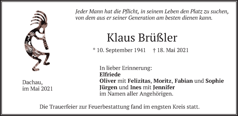  Traueranzeige für Klaus Brüßler vom 22.05.2021 aus merkurtz