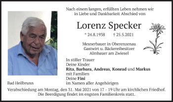 Traueranzeige von Lorenz Specker von merkurtz