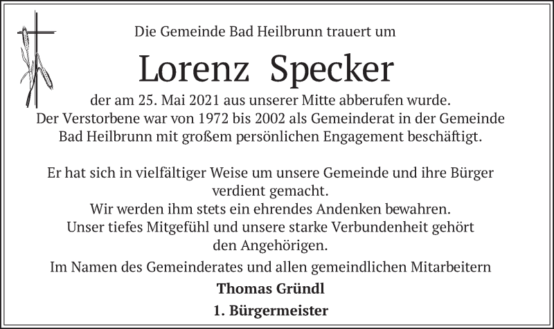  Traueranzeige für Lorenz Specker vom 29.05.2021 aus merkurtz