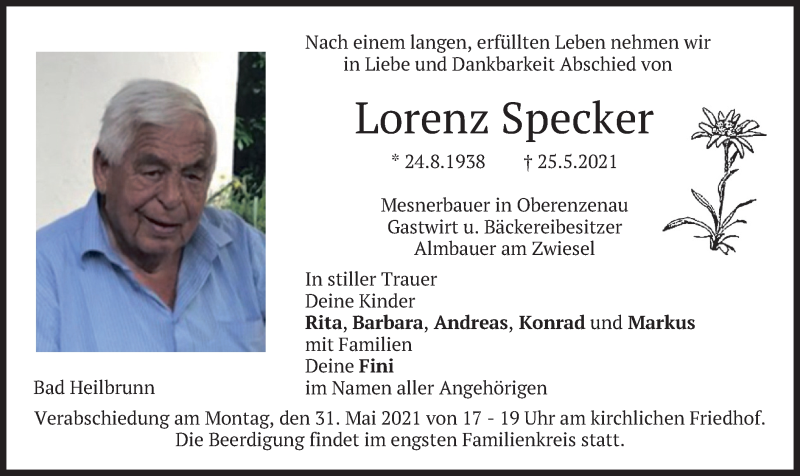  Traueranzeige für Lorenz Specker vom 29.05.2021 aus merkurtz