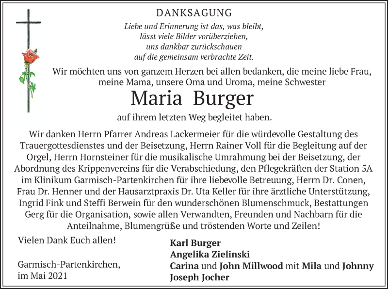  Traueranzeige für Maria Burger vom 15.05.2021 aus merkurtz