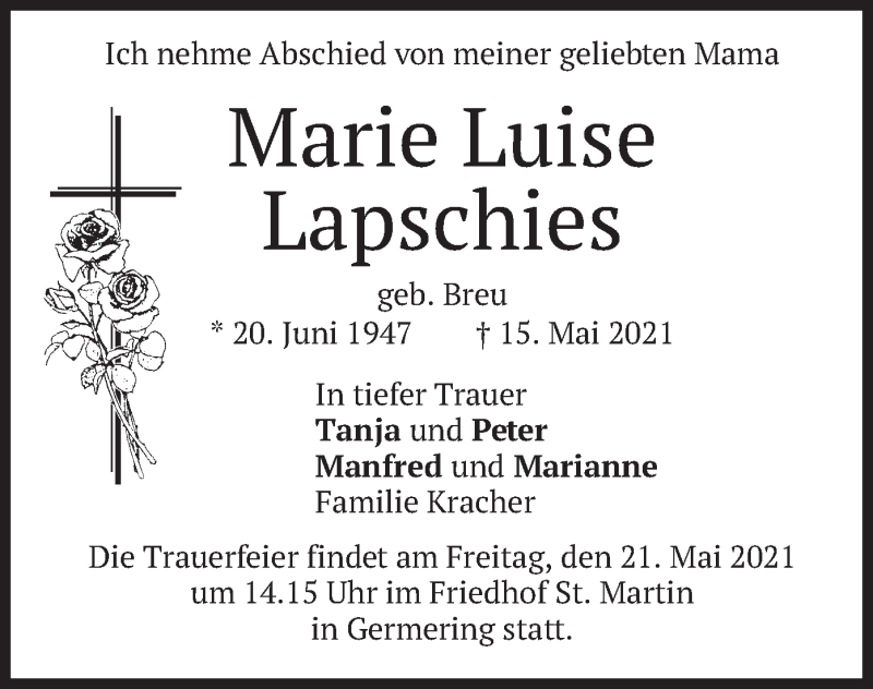  Traueranzeige für Marie Luise Lapschies vom 20.05.2021 aus merkurtz