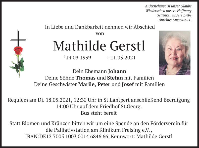  Traueranzeige für Mathilde Gerstl vom 15.05.2021 aus merkurtz