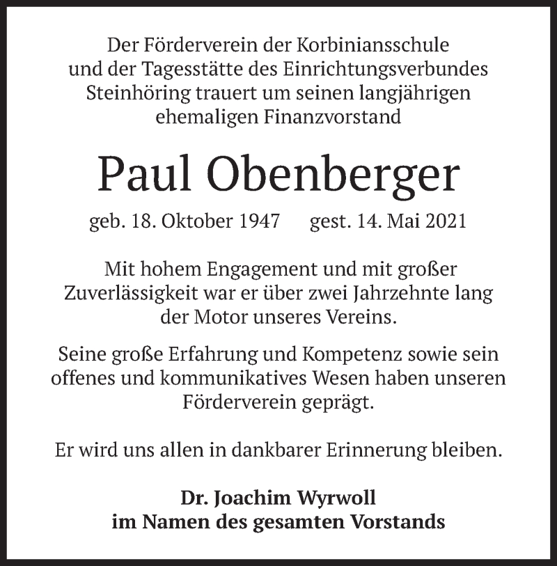  Traueranzeige für Paul Obenberger vom 21.05.2021 aus merkurtz