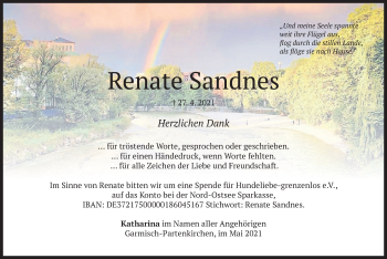 Traueranzeige von Renate Sandnes von merkurtz