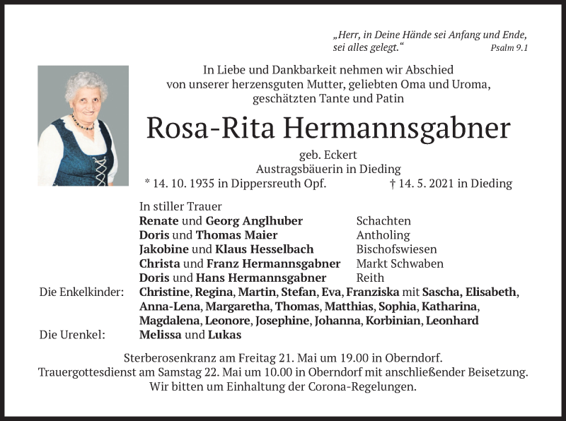  Traueranzeige für Rosa-Rita Hermannsgabner vom 20.05.2021 aus merkurtz