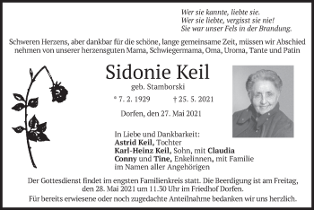 Traueranzeige von Sidonie Keil von merkurtz