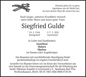 Traueranzeige von Siegfried Gulde von merkurtz