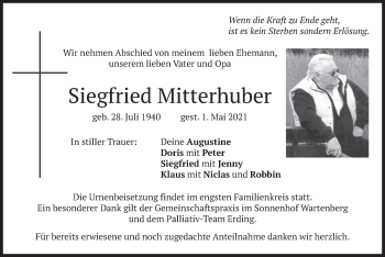 Traueranzeige von Siegfried Mitterhuber von merkurtz