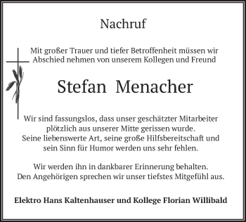 Traueranzeige von Stefan Menacher von merkurtz