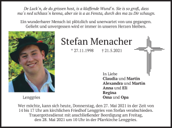 Traueranzeige von Stefan Menacher von merkurtz