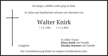 Traueranzeige von Walter Knirk von merkurtz