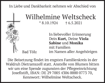 Traueranzeige von Wilhelmine Weltscheck von merkurtz
