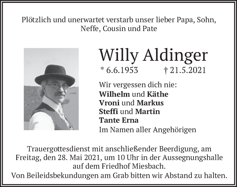  Traueranzeige für Willy Aldinger vom 26.05.2021 aus merkurtz