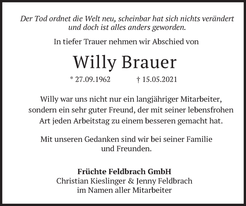  Traueranzeige für Willy Brauer vom 22.05.2021 aus merkurtz