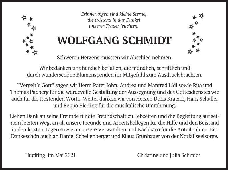  Traueranzeige für Wolfgang Schmidt vom 12.05.2021 aus merkurtz
