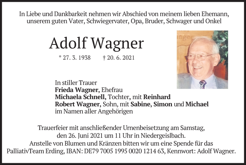  Traueranzeige für Adolf Wagner vom 23.06.2021 aus merkurtz