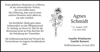 Traueranzeige von Agnes Scmidt von merkurtz