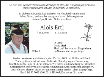 Traueranzeige von Alois Ertl von merkurtz