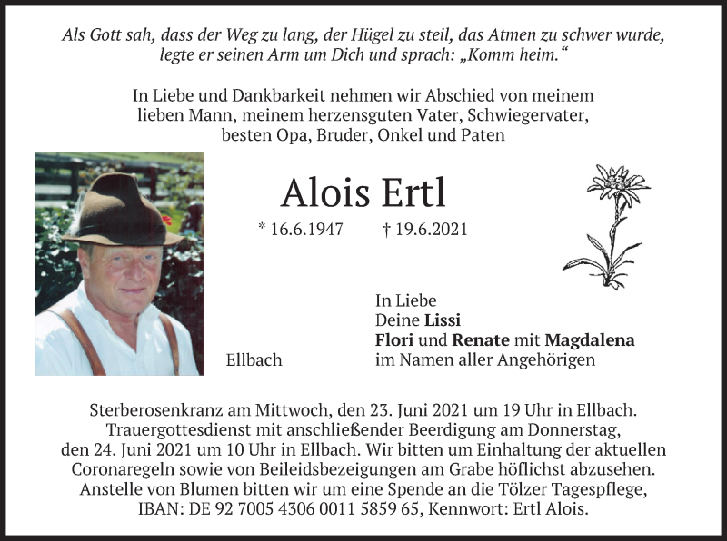  Traueranzeige für Alois Ertl vom 22.06.2021 aus merkurtz