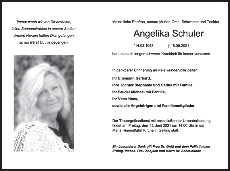  Traueranzeige für Angelika Schuler vom 05.06.2021 aus merkurtz