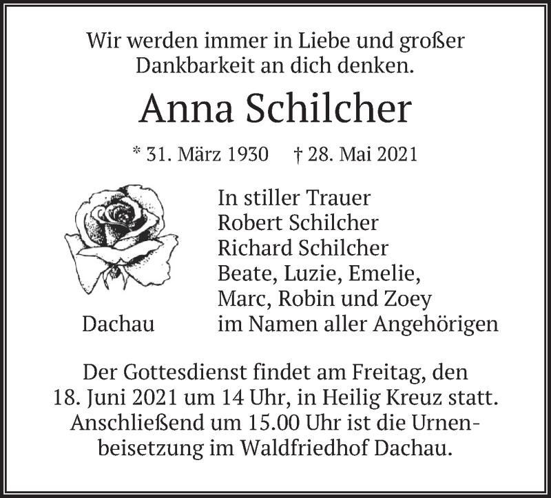  Traueranzeige für Anna Schilcher vom 12.06.2021 aus merkurtz