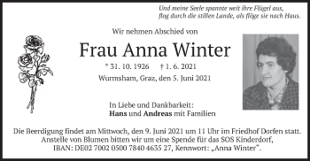 Traueranzeige von Anna Winter von merkurtz