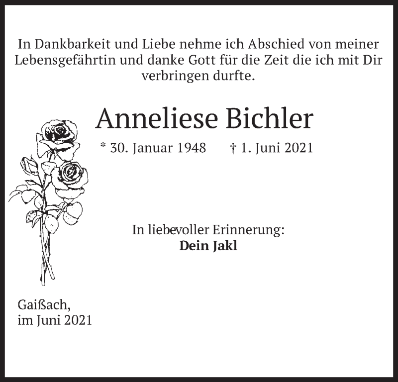  Traueranzeige für Anneliese Bichler vom 05.06.2021 aus merkurtz