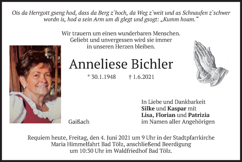  Traueranzeige für Anneliese Bichler vom 04.06.2021 aus merkurtz