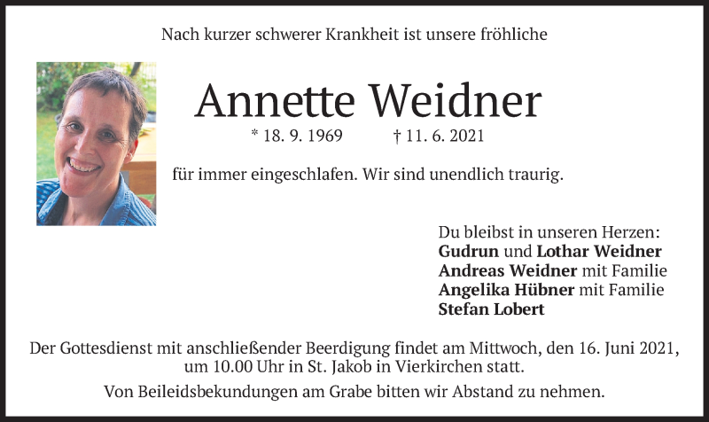  Traueranzeige für Annette Weidner vom 15.06.2021 aus merkurtz