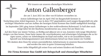 Traueranzeige von Anton Gallenberger von merkurtz