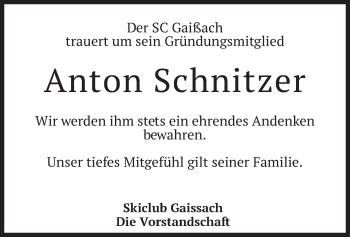 Traueranzeige von Anton Schnitzer von merkurtz