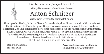 Traueranzeige von Anton Schnitzer von merkurtz