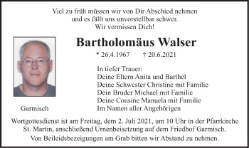 Traueranzeige von Bartholomäus Walser von merkurtz