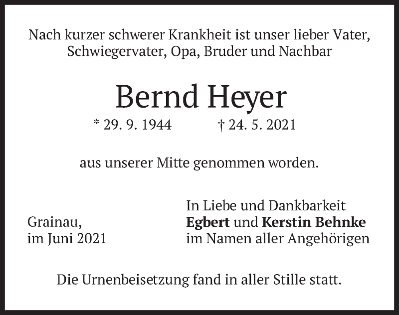  Traueranzeige für Bernd Heyer vom 26.06.2021 aus merkurtz