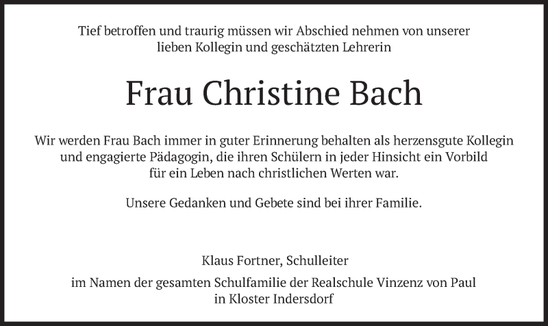  Traueranzeige für Christine Bach vom 11.06.2021 aus merkurtz
