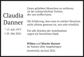Traueranzeige von Claudia DAnner von merkurtz