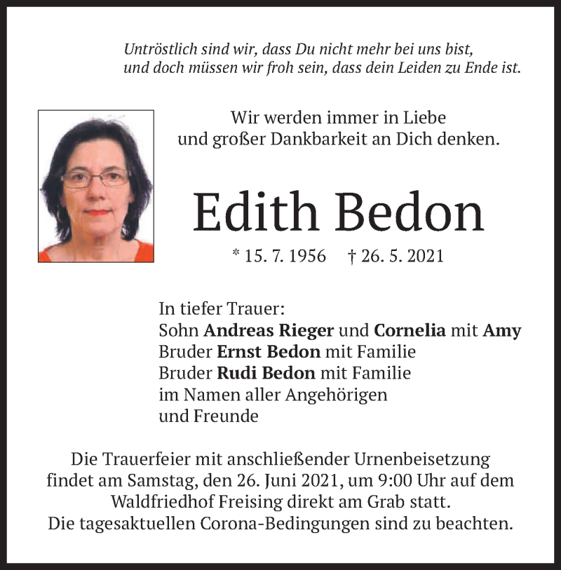  Traueranzeige für Edith Bedon vom 19.06.2021 aus merkurtz