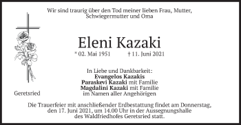 Traueranzeige von Eleni Kazaki von merkurtz