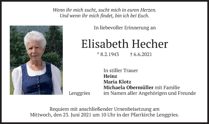  Traueranzeige für Elisabeth Hecher vom 19.06.2021 aus merkurtz