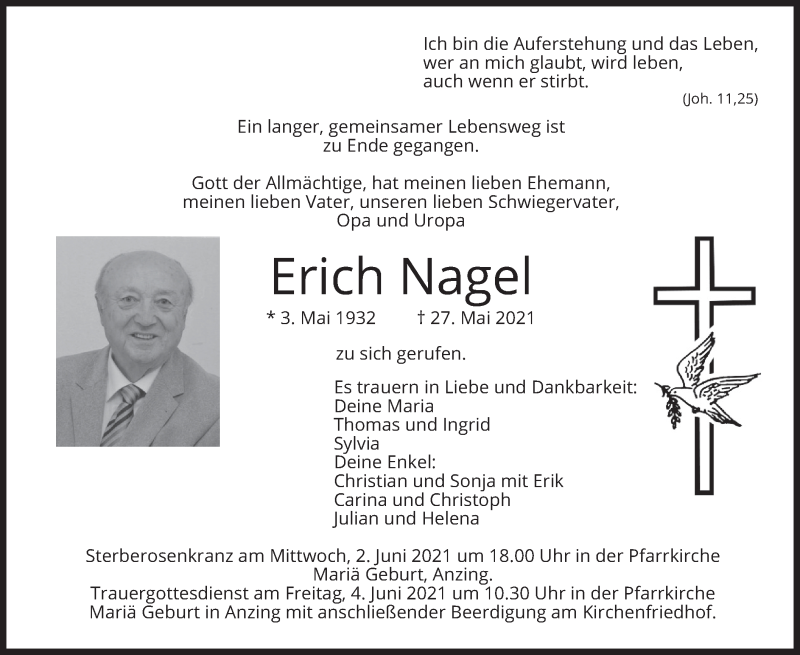  Traueranzeige für Erich Nagel vom 01.06.2021 aus merkurtz