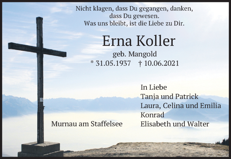  Traueranzeige für Erna Koller vom 12.06.2021 aus merkurtz
