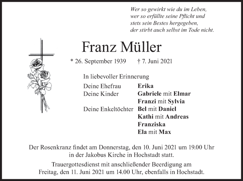  Traueranzeige für Franz Müller vom 09.06.2021 aus merkurtz