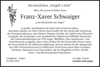 Traueranzeige von Franz-Xaver Schwaiger von merkurtz