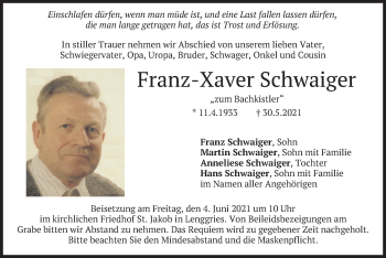 Traueranzeige von Franz-Xaver Schwaiger von merkurtz