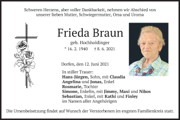 Traueranzeige von Frieda Braun von merkurtz
